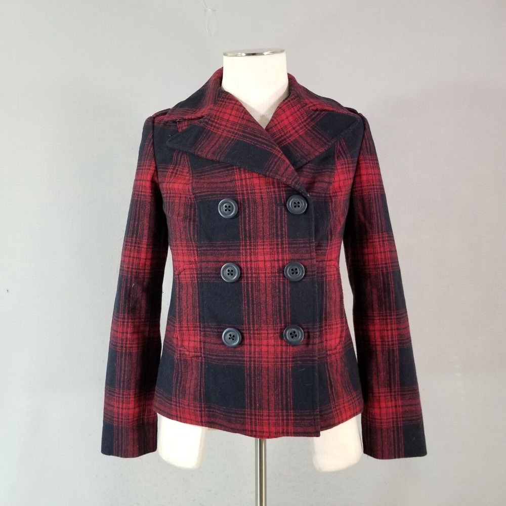 Old Navy pea coat jacket women's medium red buffalo plaid retro